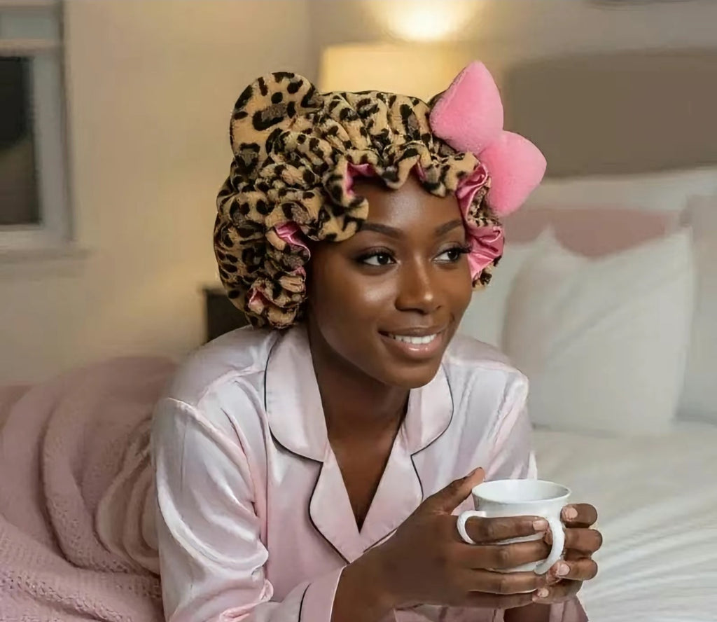 Teddy Plush Leopard Bonnet with Big Bow – Satin Lined Sleep Cap