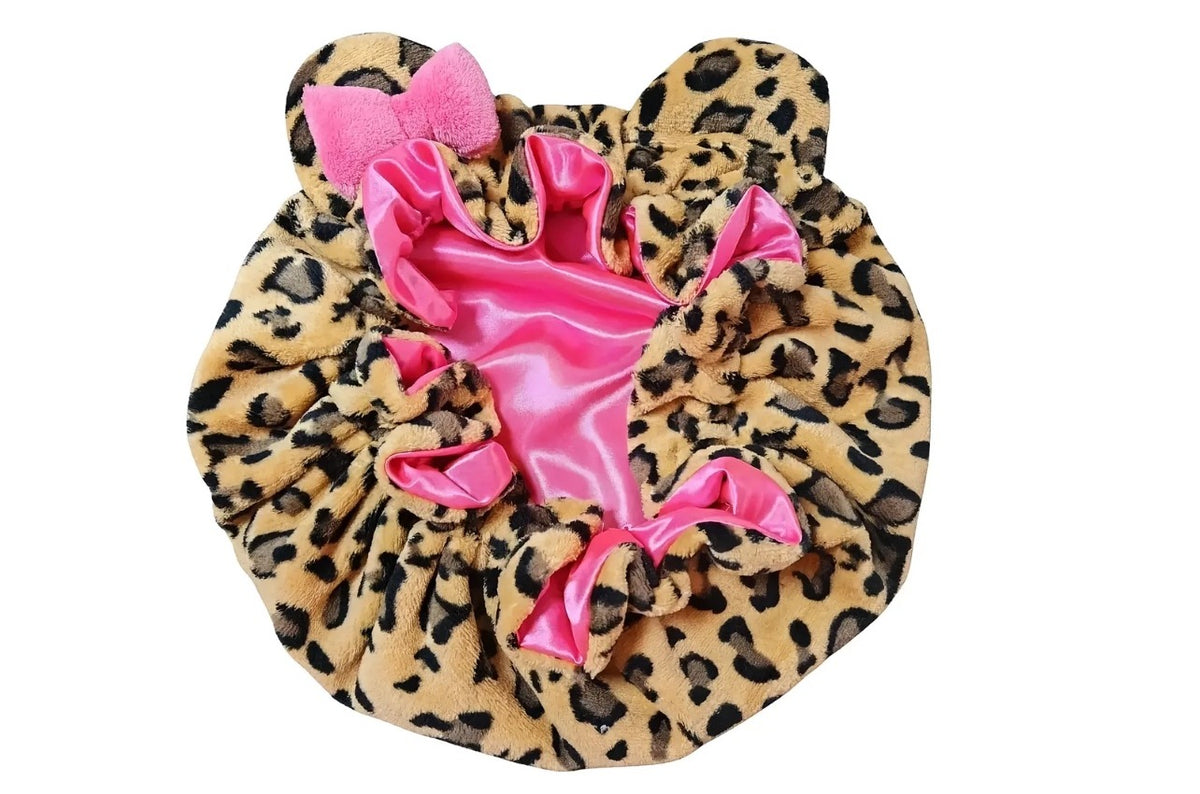 Teddy Plush Leopard Bonnet with Big Bow – Satin Lined Sleep Cap