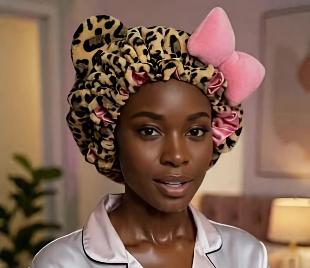 Teddy Plush Leopard Bonnet with Big Bow – Satin Lined Sleep Cap