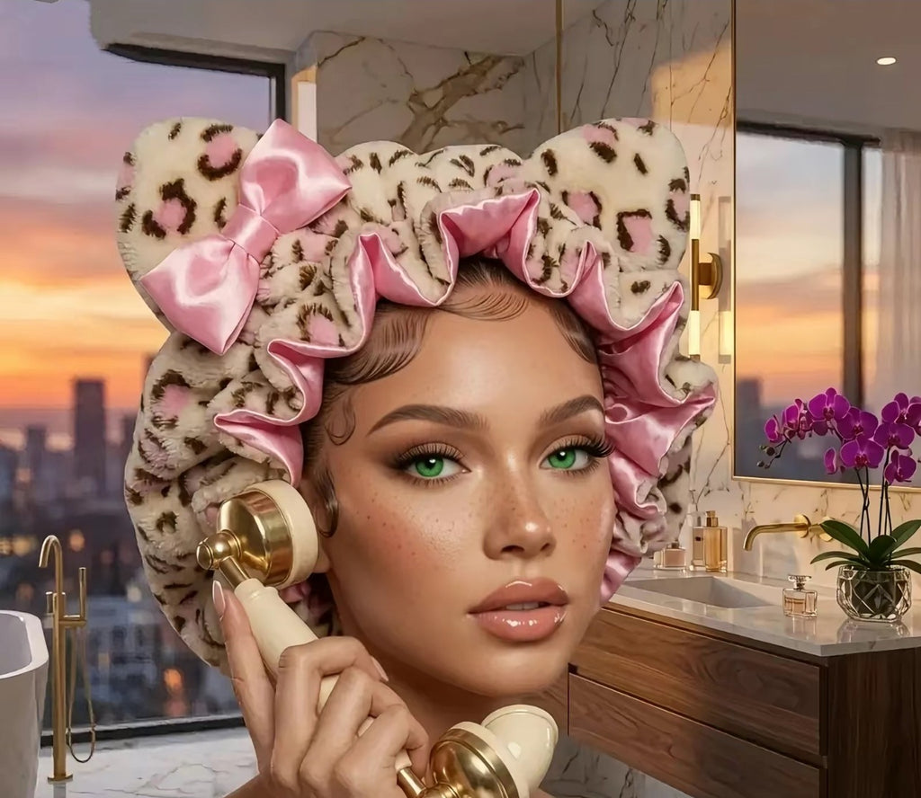 Teddy Plush Leopard Bonnet with Big Bow – Satin Lined Sleep Cap