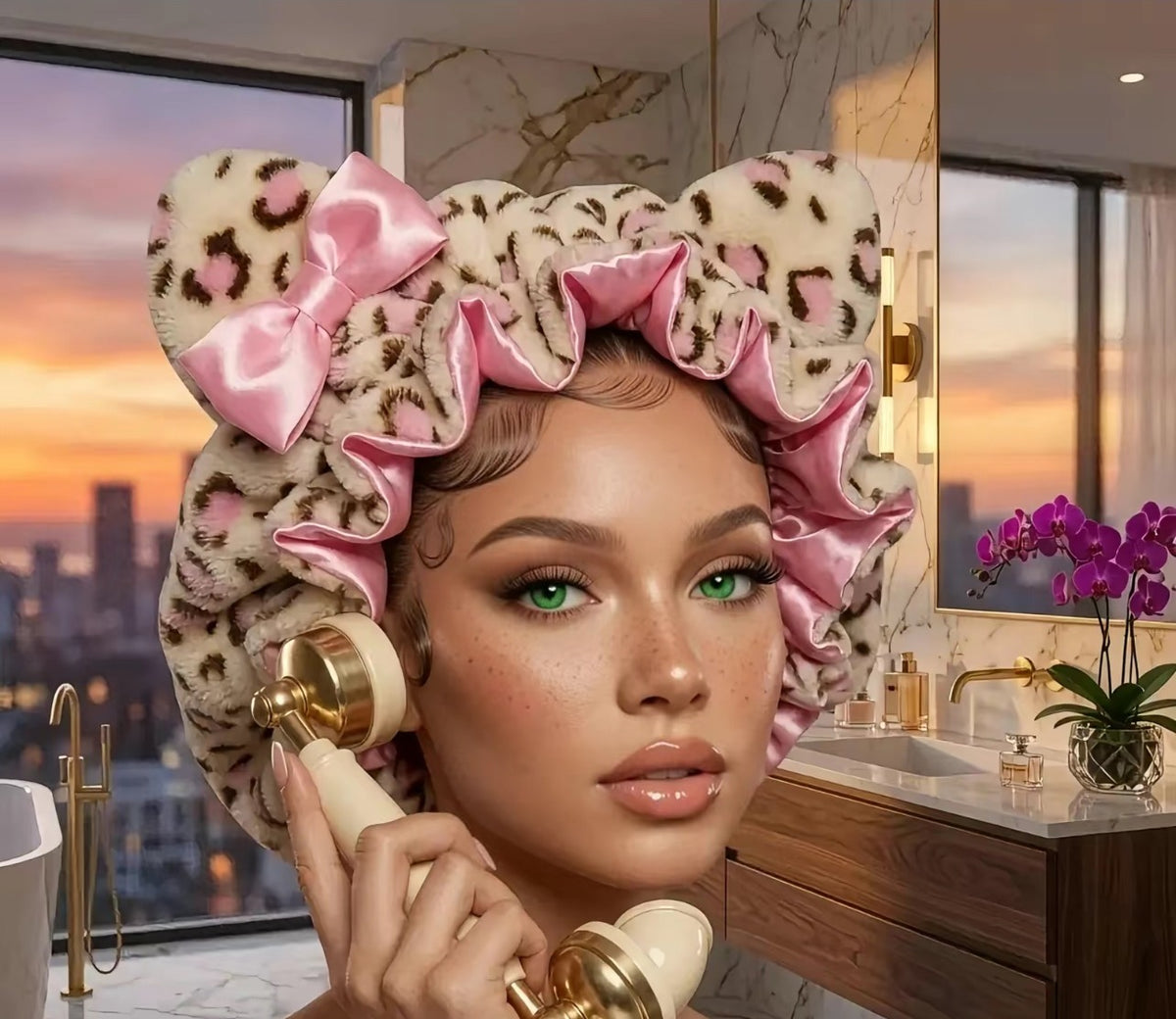 Teddy Plush Leopard Bonnet with Big Bow – Satin Lined Sleep Cap