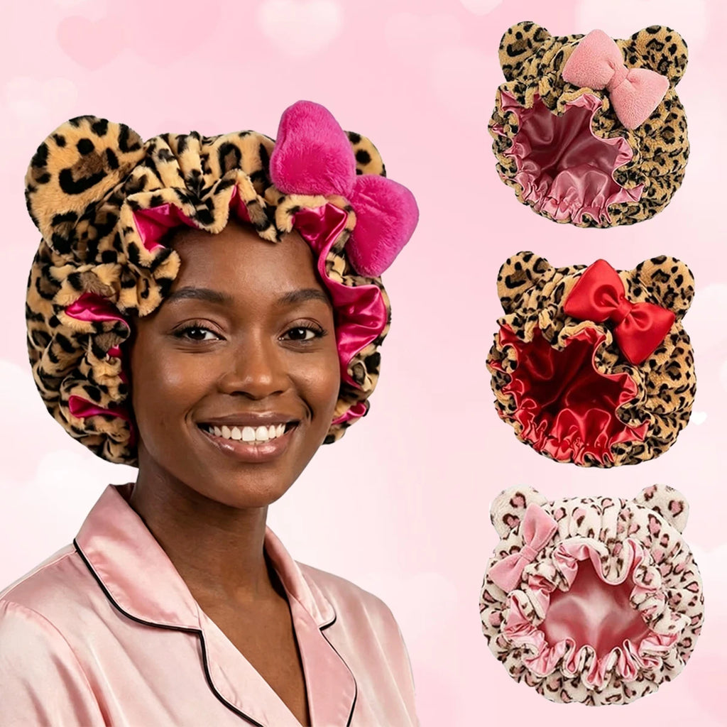 Teddy Plush Leopard Bonnet with Big Bow – Satin Lined Sleep Cap