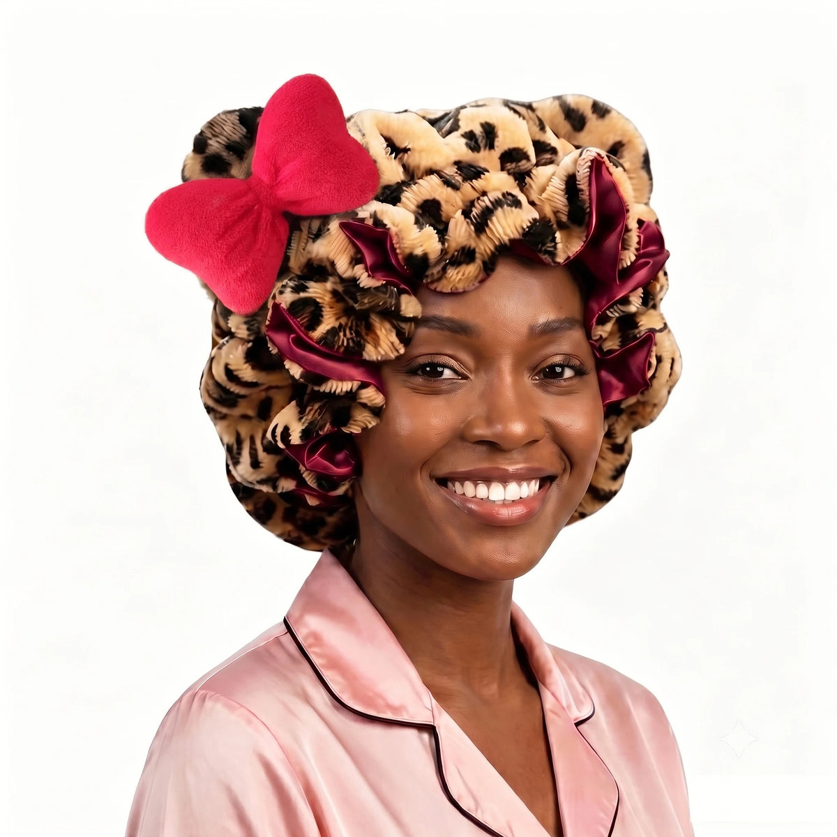 Teddy Plush Leopard Bonnet with Big Bow – Satin Lined Sleep Cap